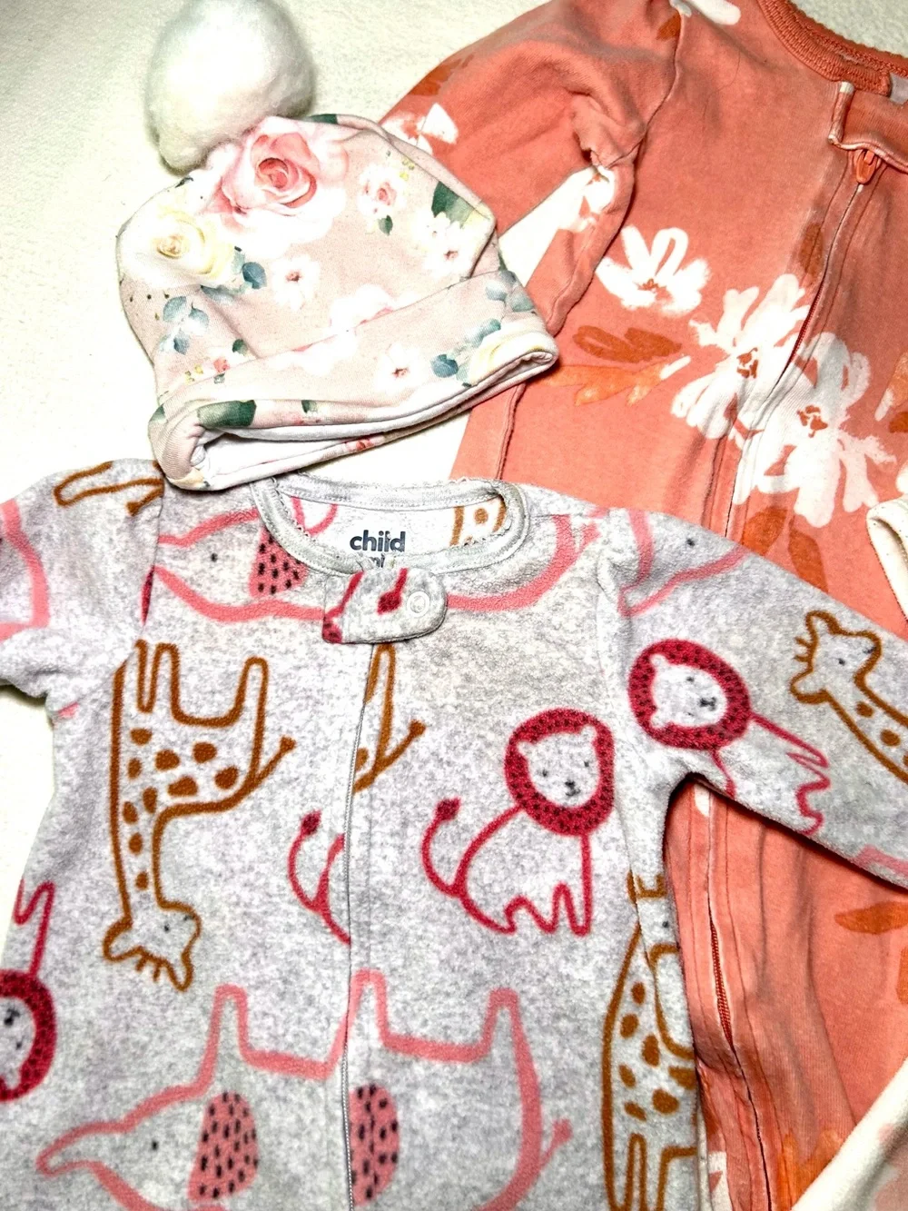 6 Piece Baby Girls Floral/Print Fleece One-Piece Footed Pajamas Elephant Lovie